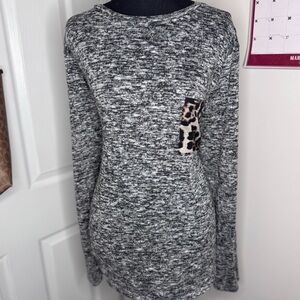 Brittany Black Marled Gray Top with Animal Print Accent